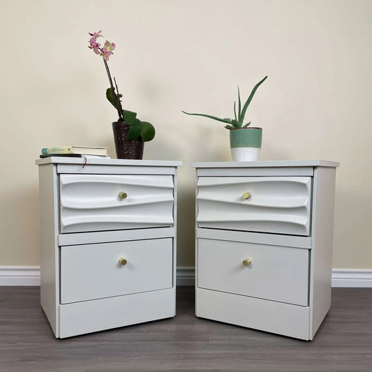 Set of White Modern Wavy 2-Drawer Nightstands