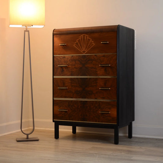 Art Deco Walnut Inlay Tall Dresser